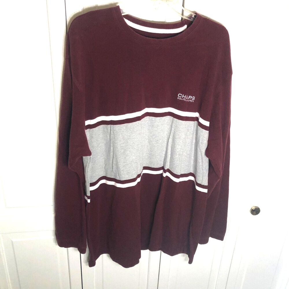 Vintage CHAPS Ralph Lauren XXL Long Sleeve Shirt Rugby Maroon Gray Stripe 90 Y2K